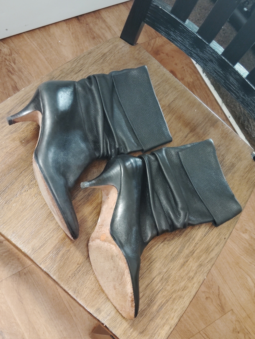 Classic Black Leather Ruched Ankle Heeled Boots